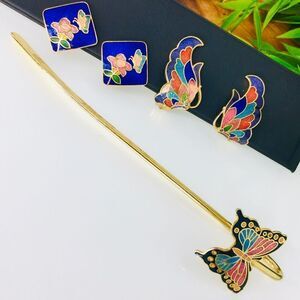 Vintage Cloisonne Butterfy Earrings Bookmark Flower Gold Blue Red colorful 4441